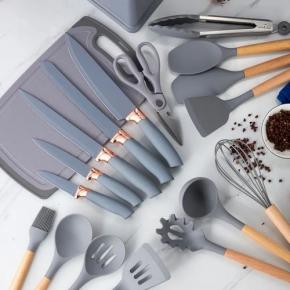 19-Piece Set Of Silica Gel kitchen accessories With Wooden Handle And Cuttings Board Storage Bucket Kitchen Utensils