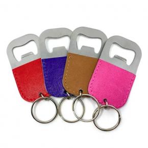 Personalized branded logo imprinted PU leather beer bottle opener with keyring